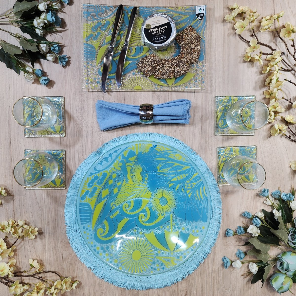 Kiwi Summer Blue/Yellow Glass Coasters - Pack of 4 - Fiery Creations Ltd