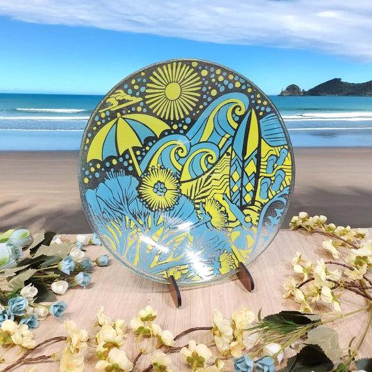 Kiwi Summer Blue/Yellow - Medium Bowl 310mm round w/stand - Fiery Creations Ltd