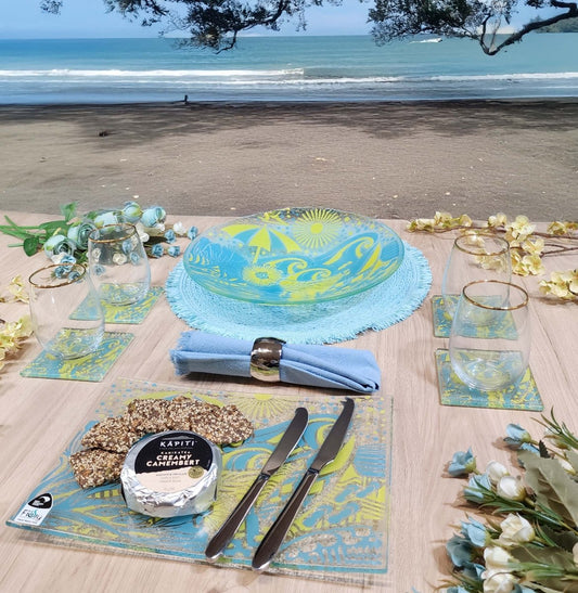Kiwi Summer Glass Tableware Set Blue/Yellow - Bowl, Platter & Coaster Set w/stands - Fiery Creations Ltd