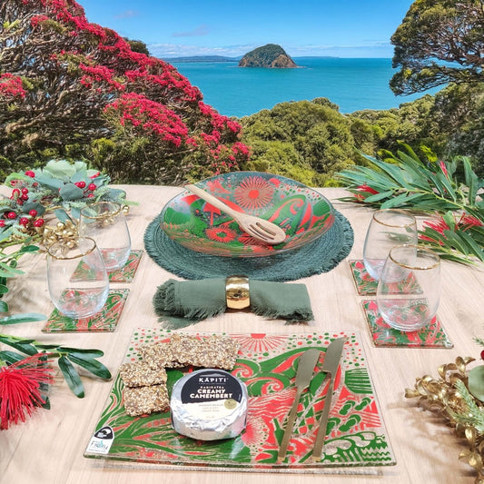 Kiwi Summer Glass Tableware Set Red/Green - Bowl, Platter & Coaster Set w/stands - Fiery Creations Ltd