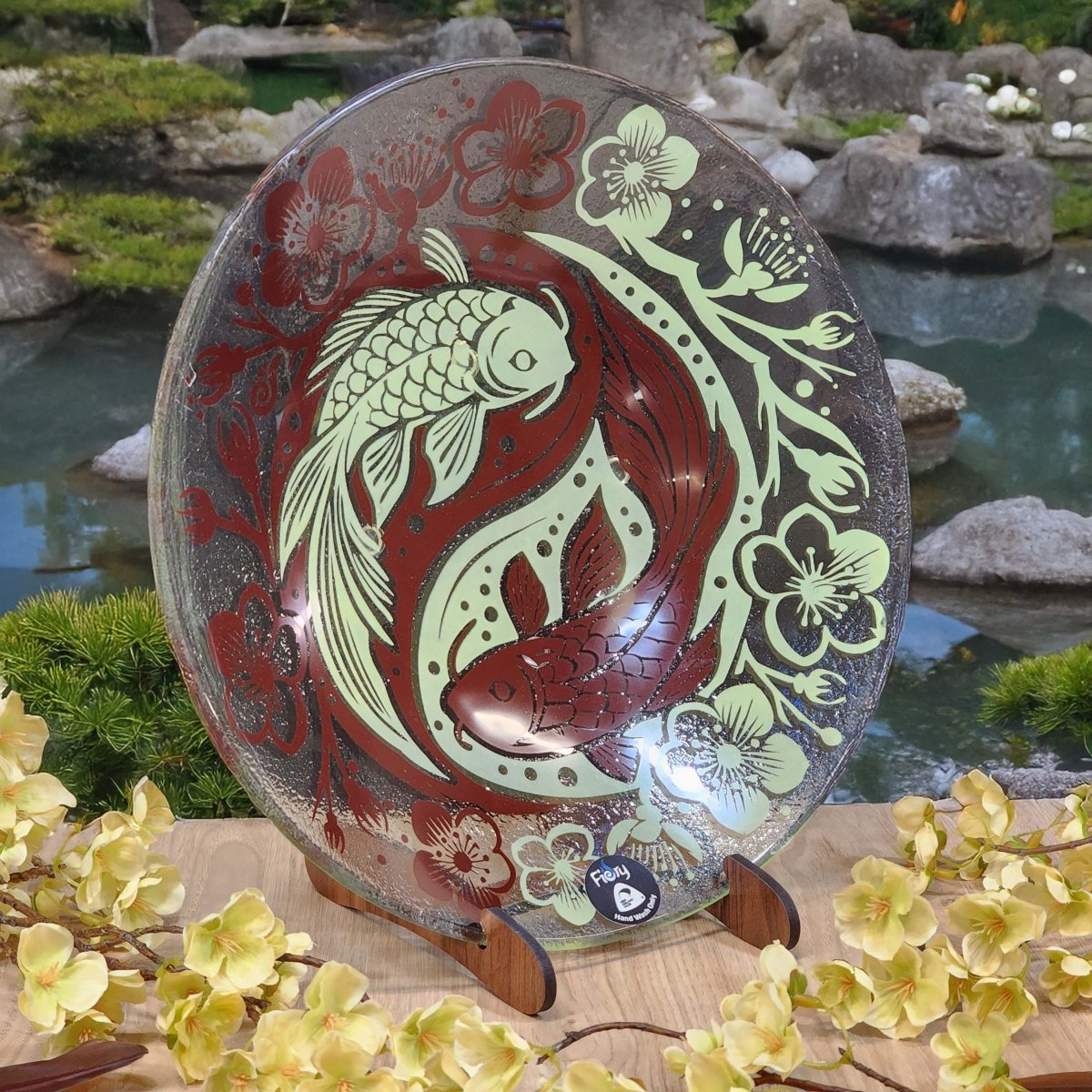 Koi Balance Glass Tableware Set Brown/Lemon - Bowl, Platter & Coaster Set w/stands - Fiery Creations Ltd