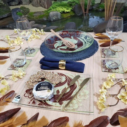 Koi Balance Glass Tableware Set Brown/Lemon - Bowl, Platter & Coaster Set w/stands - Fiery Creations Ltd