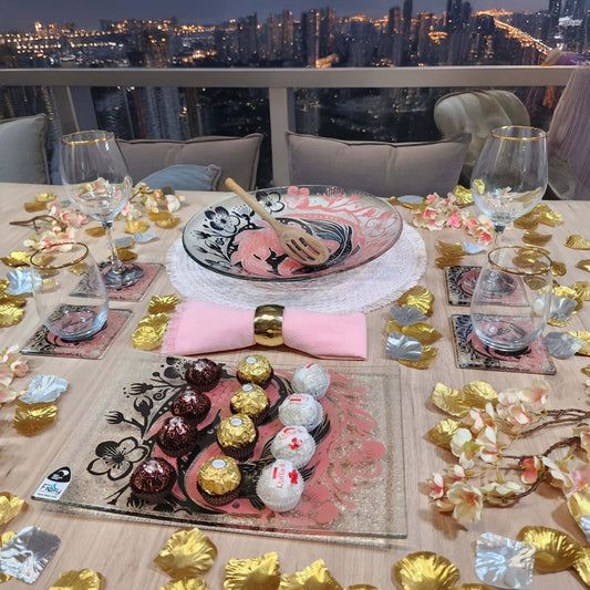 Koi Balance Glass Tableware Set Pink/Black - Bowl, Platter & Coaster Set w/stands - Fiery Creations Ltd