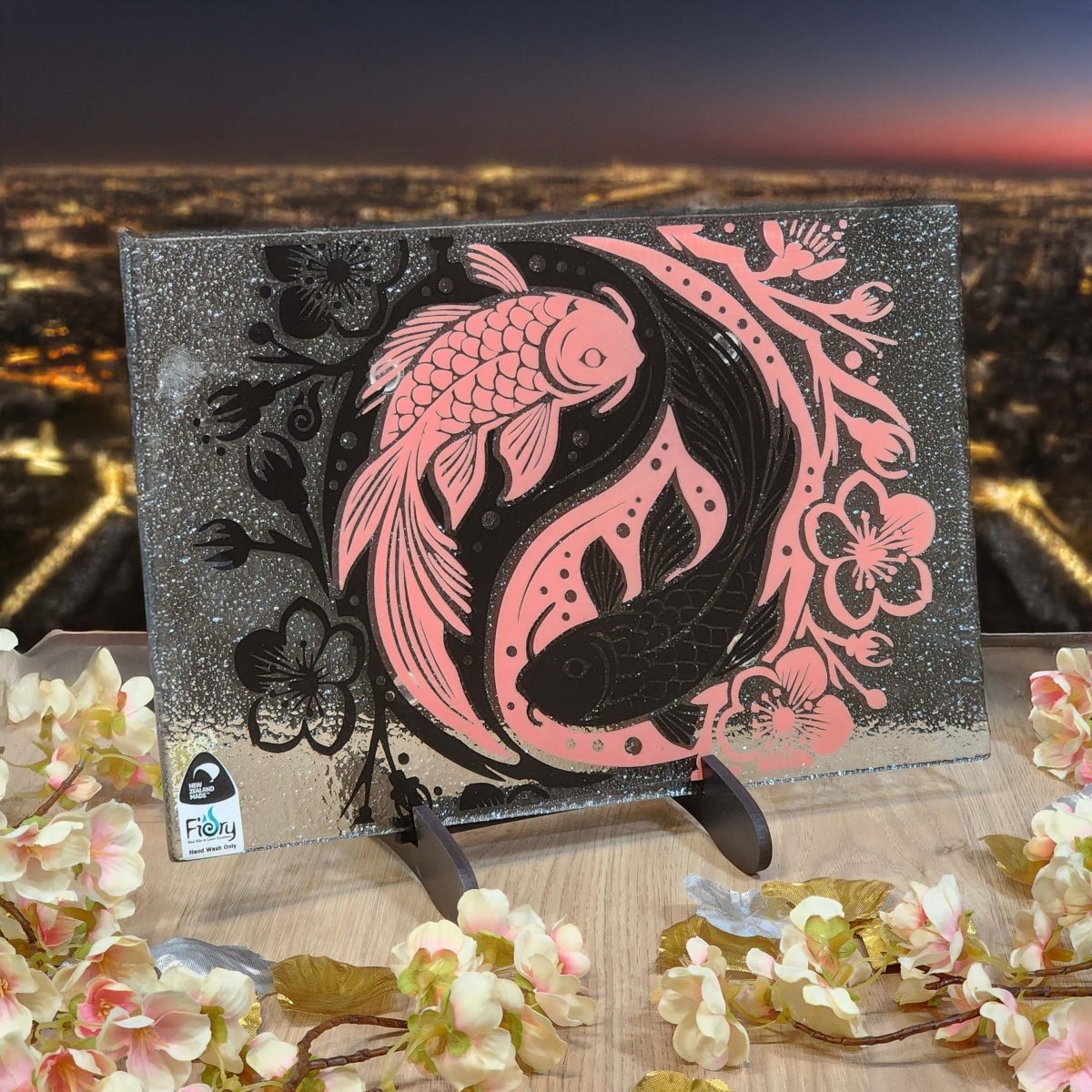 Koi Balance Glass Tableware Set Pink/Black - Bowl, Platter & Coaster Set w/stands - Fiery Creations Ltd