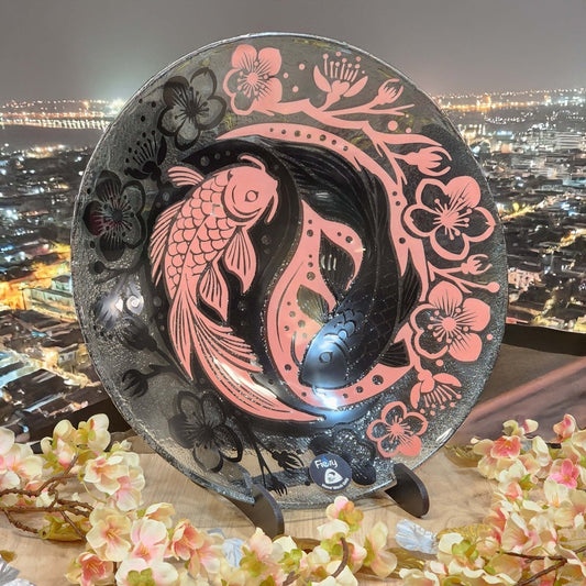 Koi Balance Pink/Black - Medium Bowl 310mm round w/stand - Fiery Creations Ltd