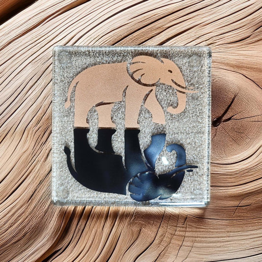 NZ Made Glass Coasters Elephants - 4Pk w/stand - Fiery Creations Ltd