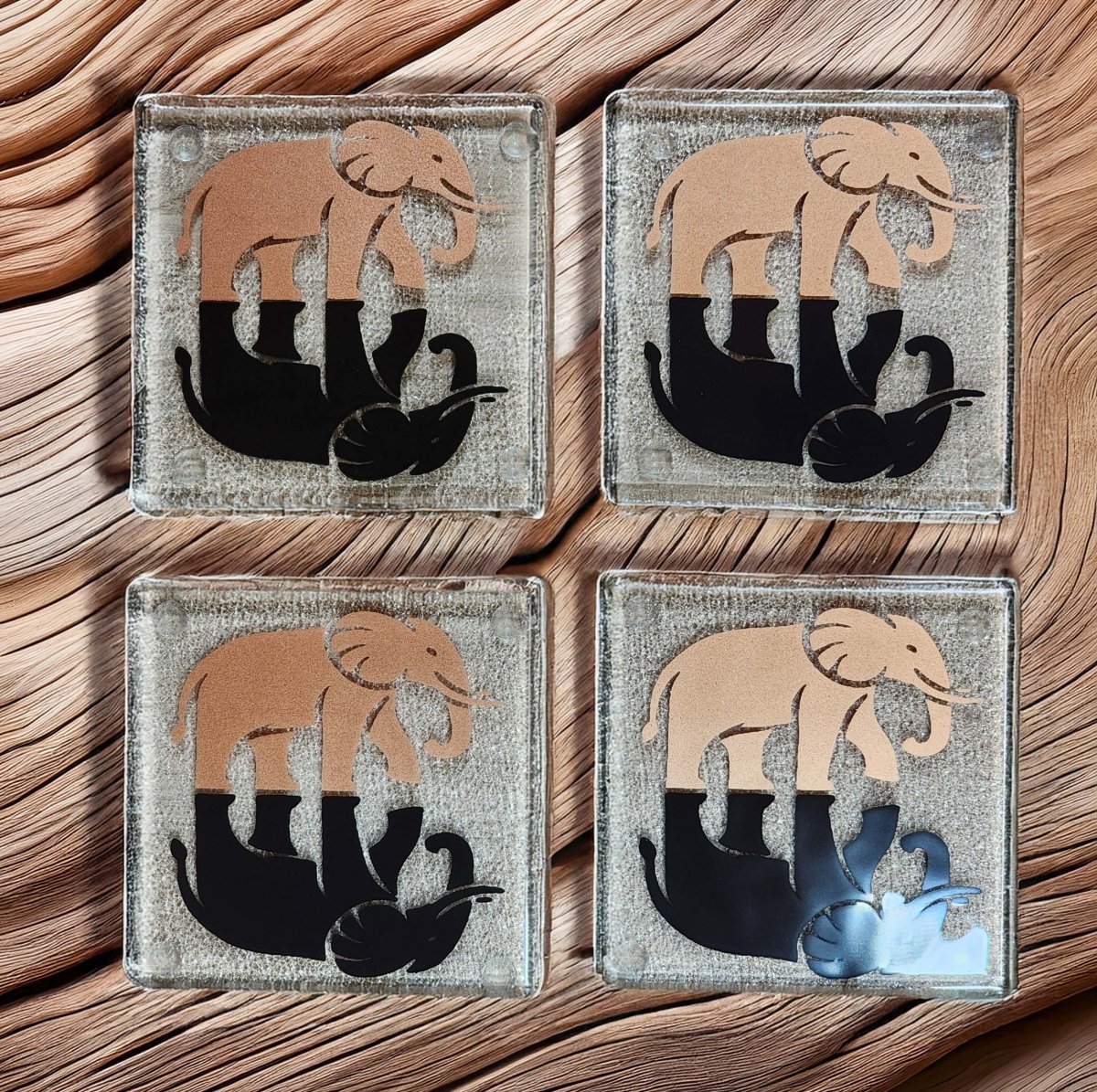 NZ Made Glass Coasters Elephants - 4Pk w/stand - Fiery Creations Ltd