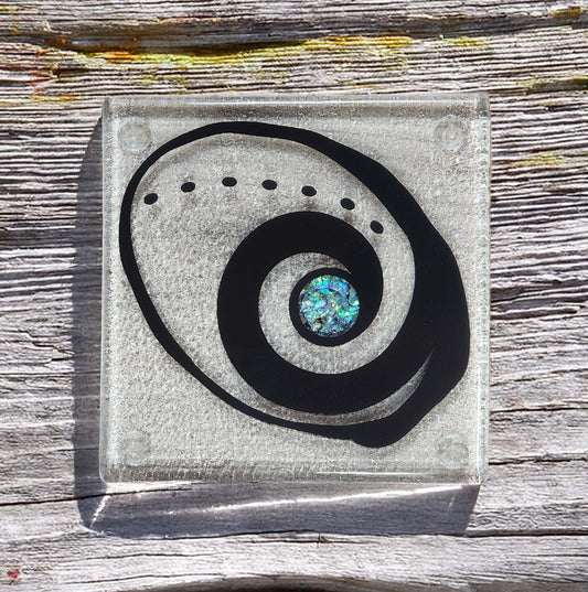 NZ Made Glass Coasters Paua Shell - Blk - 4Pk w/stand4 - Fiery Creations Ltd
