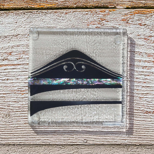 NZ Made Glass Coasters Paua Te Maunga - Blk - 4Pk w/stand4 - Fiery Creations Ltd