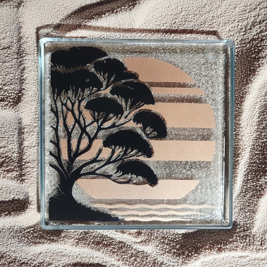 NZ Made Glass Coasters Pohutukawa - Blk/Copper - 4Pk w/stand4 - Fiery Creations Ltd