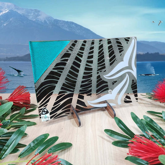 NZ Made Glass Platter/Plate Whale Tail - Blk/Teal w/stand - Fiery Creations Ltd