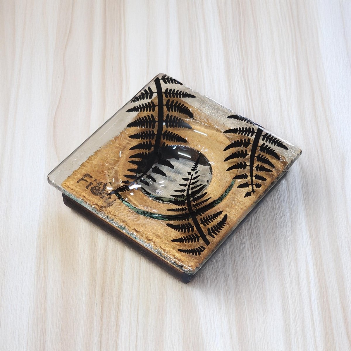 NZ Made Glass Rimu Candle/Ring Dish Ferns - Blk - Fiery Creations Ltd