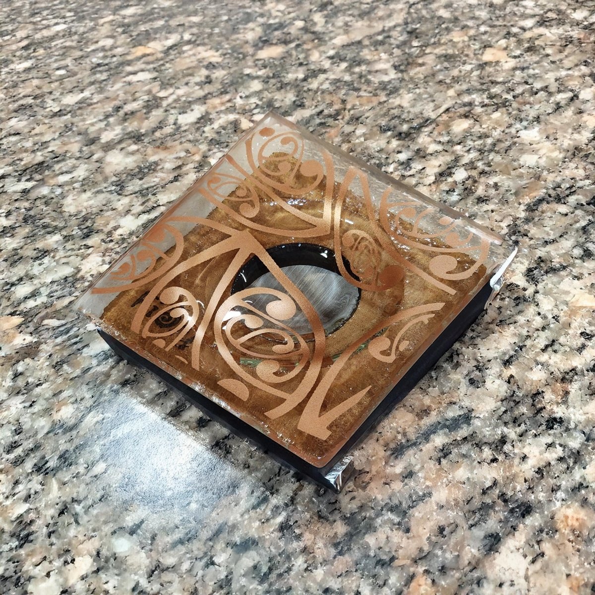 NZ Made Glass Rimu Candle/Ring Dish Kowhaiwhai - Copper - Fiery Creations Ltd