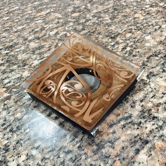 NZ Made Glass Rimu Candle/Ring Dish Kowhaiwhai - Copper - Fiery Creations Ltd