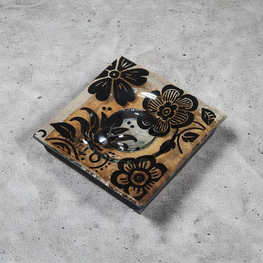 NZ Made Glass Rimu Candle/Ring Dish Wild Flowers - Blk - Fiery Creations Ltd