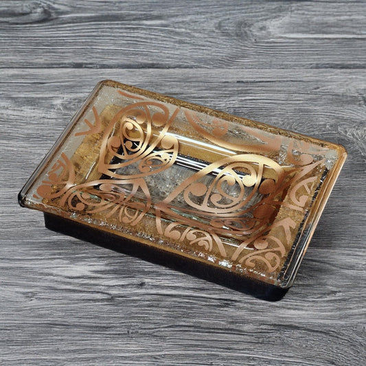 NZ Made Glass Rimu Soap/Jewelry Dish Kowhaiwhai - Copper - Fiery Creations Ltd