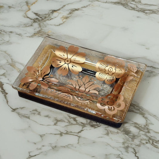 NZ Made Glass Rimu Soap/Jewelry Dish Wild Flowers - Copper - Fiery Creations Ltd
