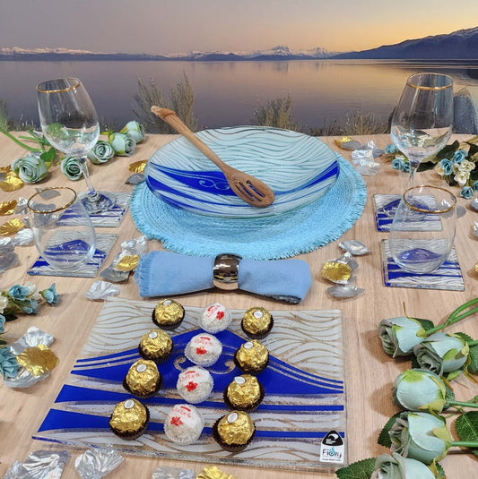 Te Maunga Glass Tableware Set Blue/White - Bowl, Platter & Coaster Set w/stands - Fiery Creations Ltd