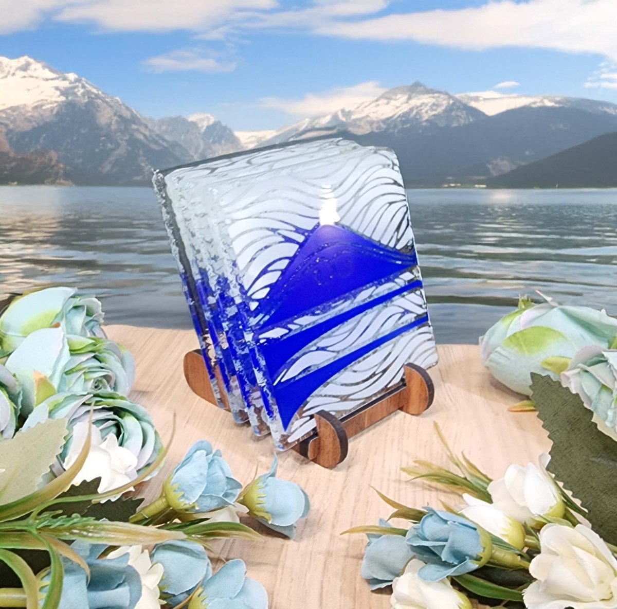Te Maunga Glass Tableware Set Blue/White - Bowl, Platter & Coaster Set w/stands - Fiery Creations Ltd