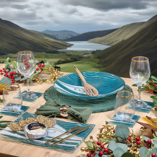 Te Maunga Glass Tableware Set Teal/Pearl - Bowl, Platter & Coaster Set w/stands - Fiery Creations Ltd