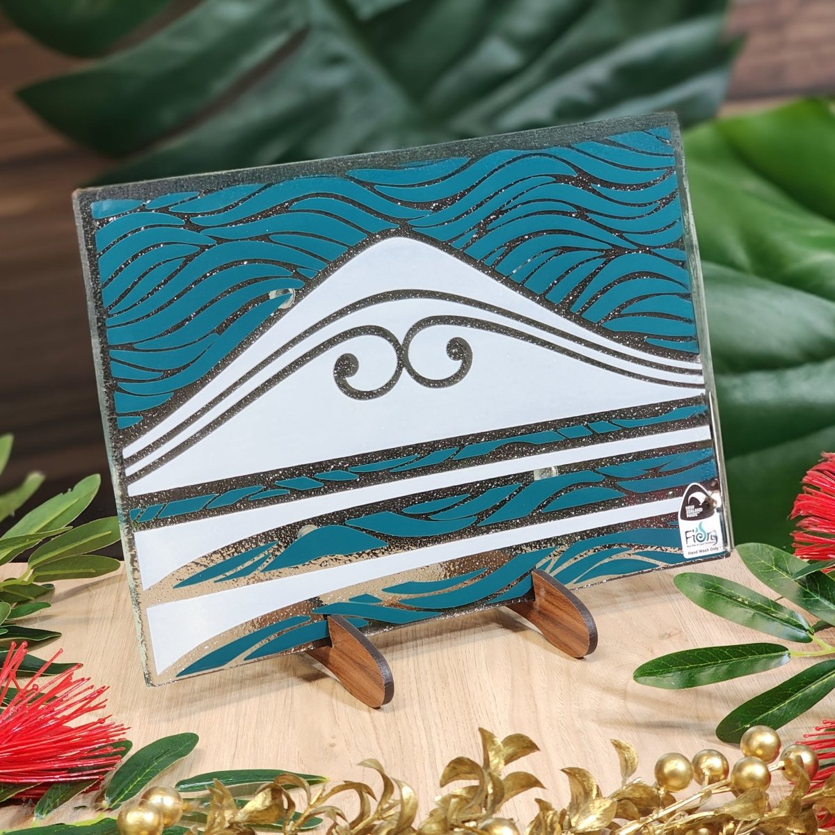 Te Maunga Teal/Pearl Medium Rectangle 300x200mm w/stand - Fiery Creations Ltd