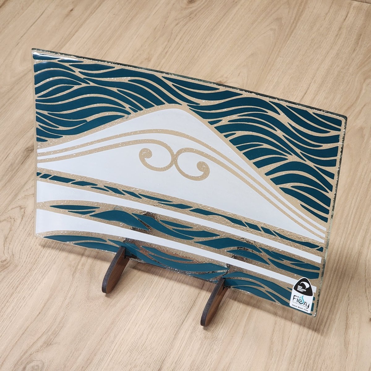 Te Maunga Teal/Pearl Medium Rectangle 300x200mm w/stand - Fiery Creations Ltd