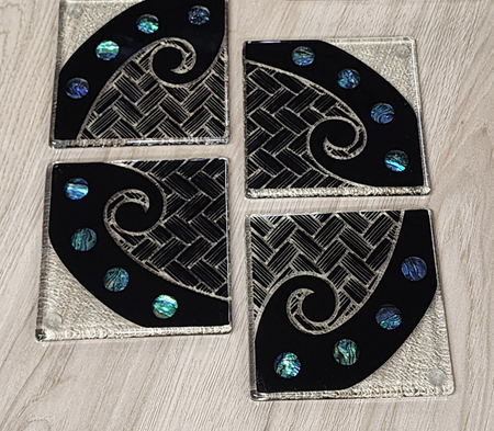 Koru Kete w/Paua Glass Coasters - Pack of 4