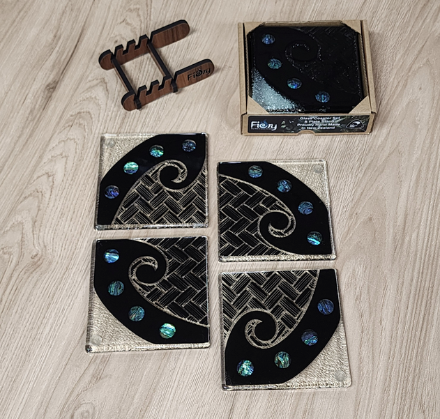 Koru Kete w/Paua Glass Coasters - Pack of 4