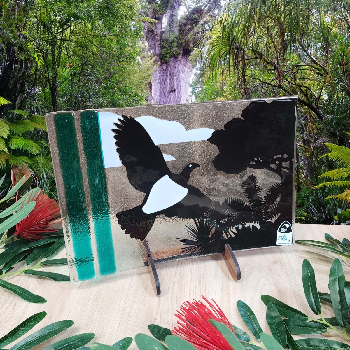 Kereru and the Kauri Tree - Medium Rectangle 300x200mm w/stand - Fiery Creations Ltd