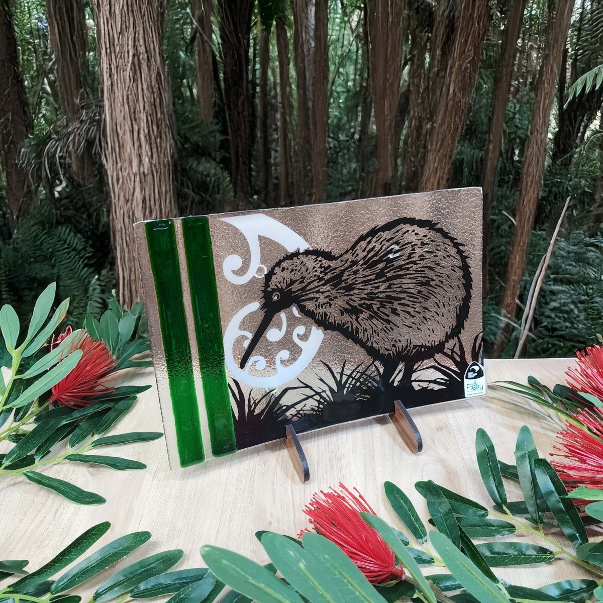 Kiwi and the Ponga Frond - Medium Rectangle 300x200mm w/stand - Fiery Creations Ltd