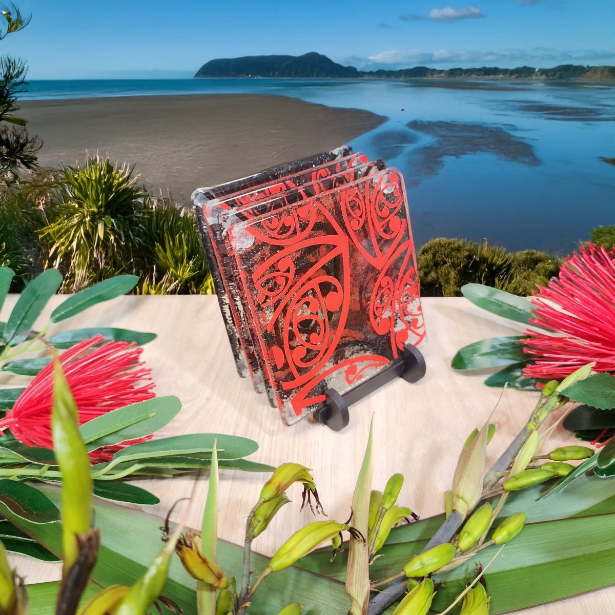 Kowhaiwhai Glass Tableware Set Red/Black - Bowl, Platter & Coaster Set w/stands - Fiery Creations Ltd