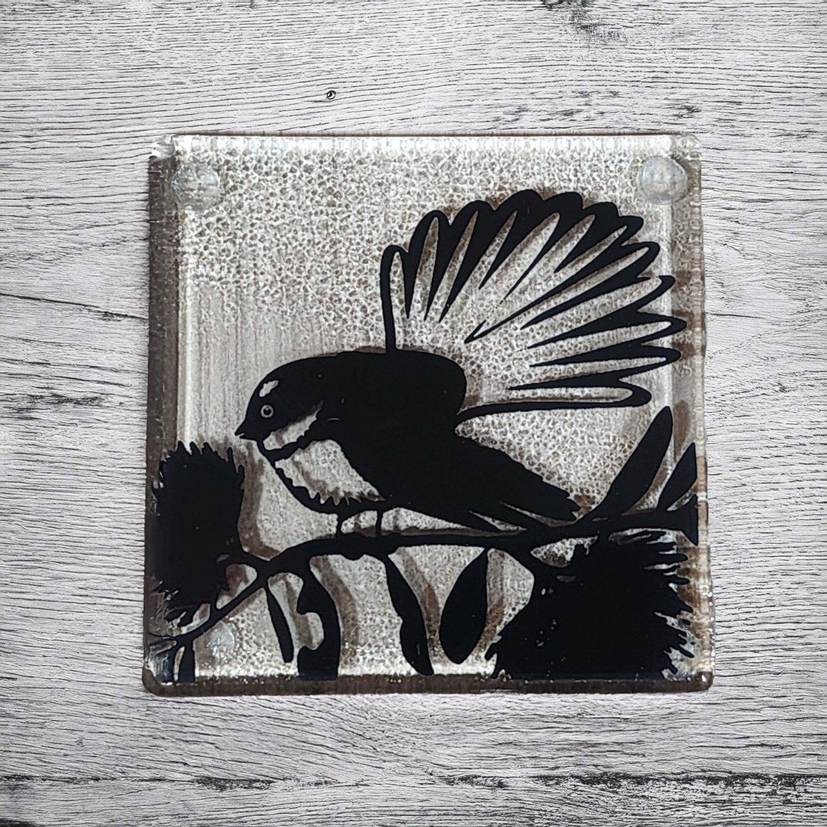 NZ Made Glass Coaster Fantail Piwakawaka - Single in display box - Fiery Creations Ltd