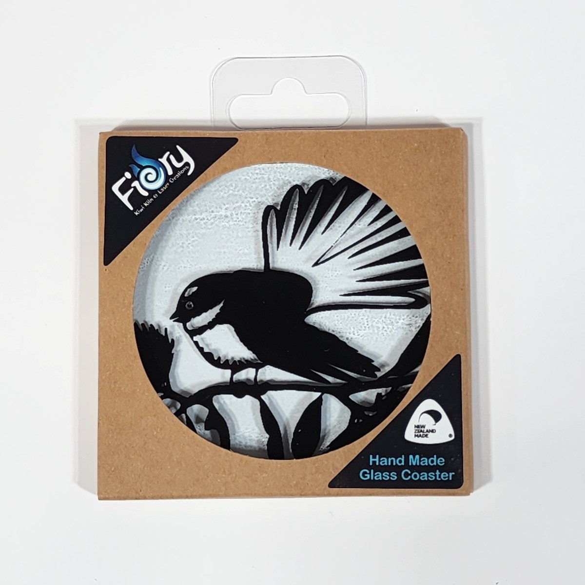 NZ Made Glass Coaster Fantail Piwakawaka - Single in display box - Fiery Creations Ltd