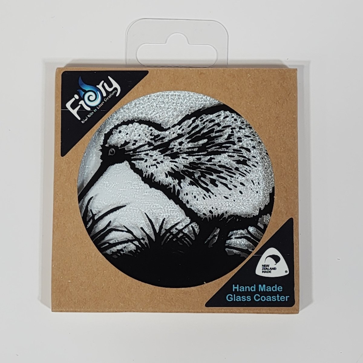 NZ Made Glass Coaster Kiwi - Single in display box - Fiery Creations Ltd