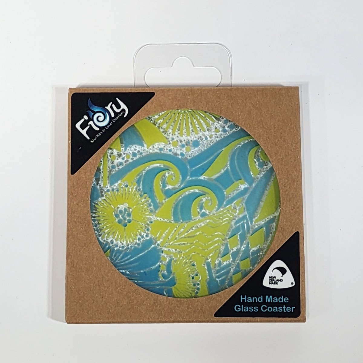 NZ Made Glass Coaster Kiwi Summer - Blue/Yellow - Single in display box - Fiery Creations Ltd