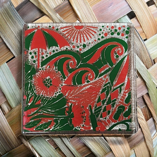 NZ Made Glass Coaster Kiwi Summer - Green/Red - Single in display box - Fiery Creations Ltd