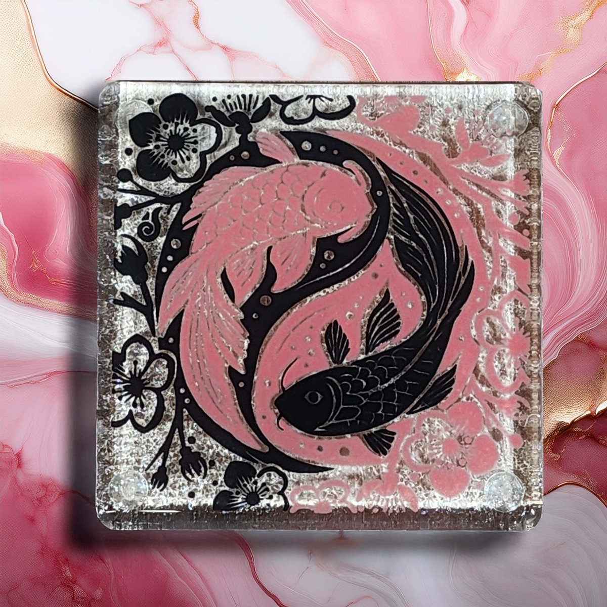 NZ Made Glass Coaster Koi Balance - Pink/Blk - Single in display box - Fiery Creations Ltd