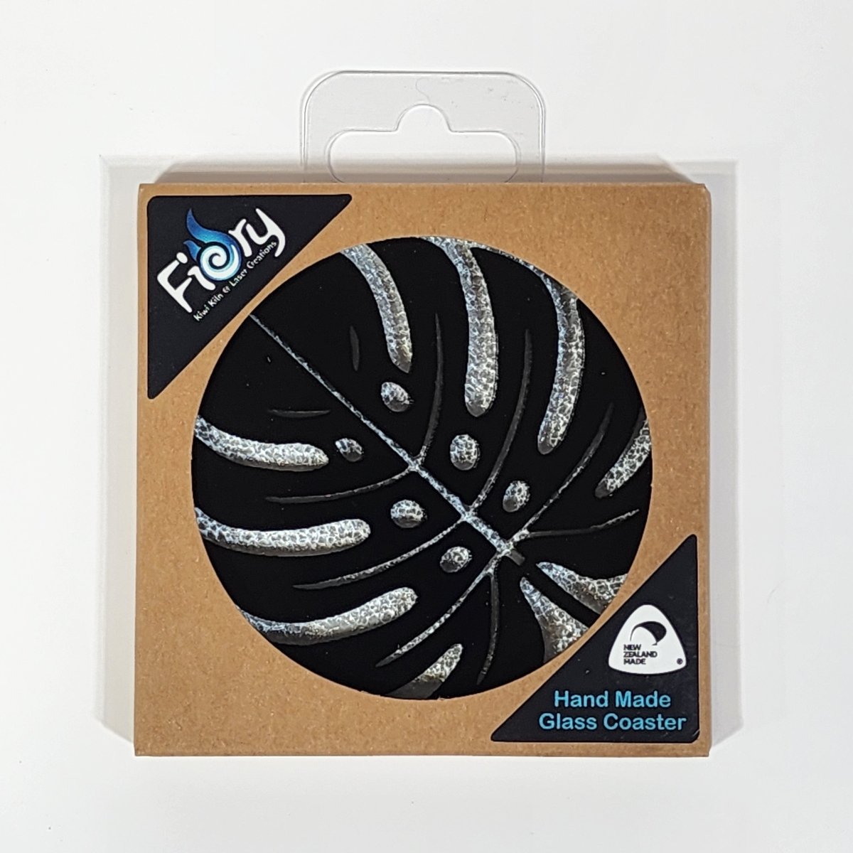 NZ Made Glass Coaster Monstera Black - Single in display box - Fiery Creations Ltd