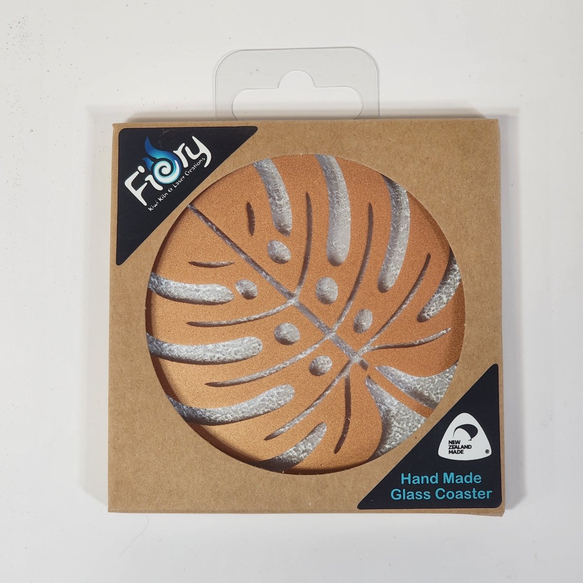 NZ Made Glass Coaster Monstera Copper - Single in display box - Fiery Creations Ltd