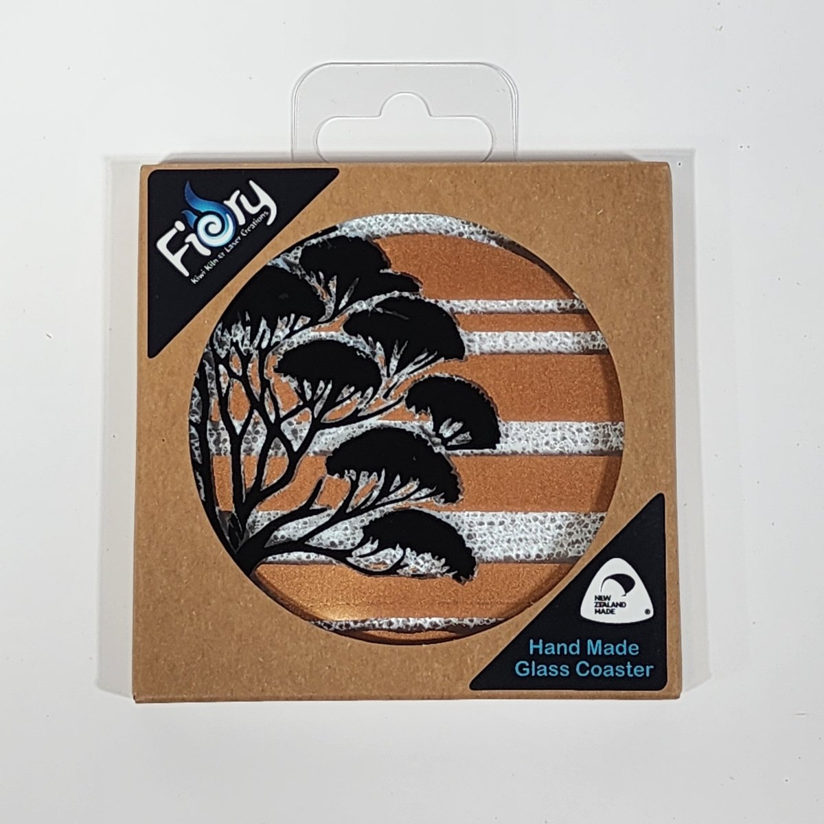 NZ Made Glass Coaster Pohutukawa - Blk/Copper - Single in display box - Fiery Creations Ltd