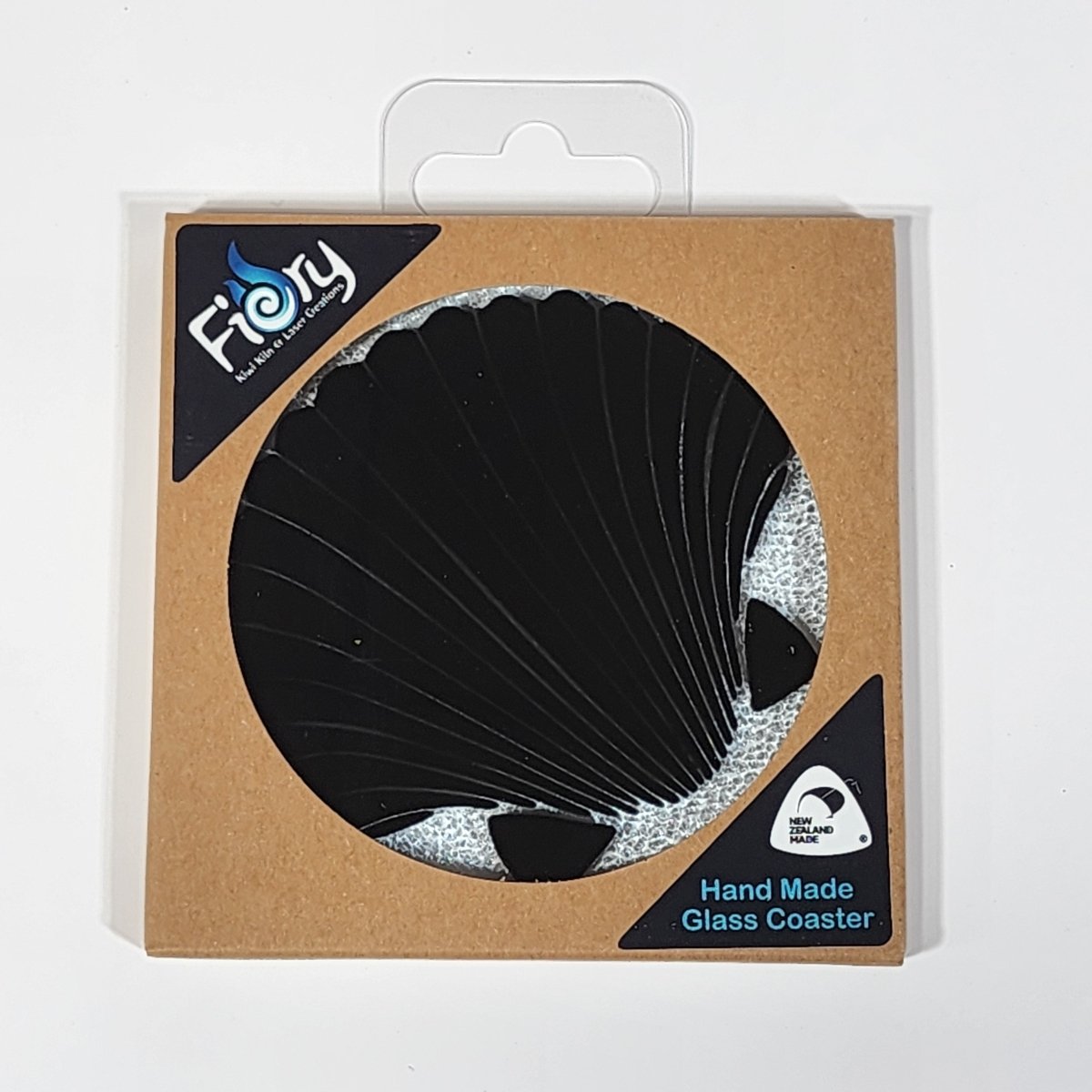 NZ Made Glass Coaster Scallop - Black - Single in display box - Fiery Creations Ltd