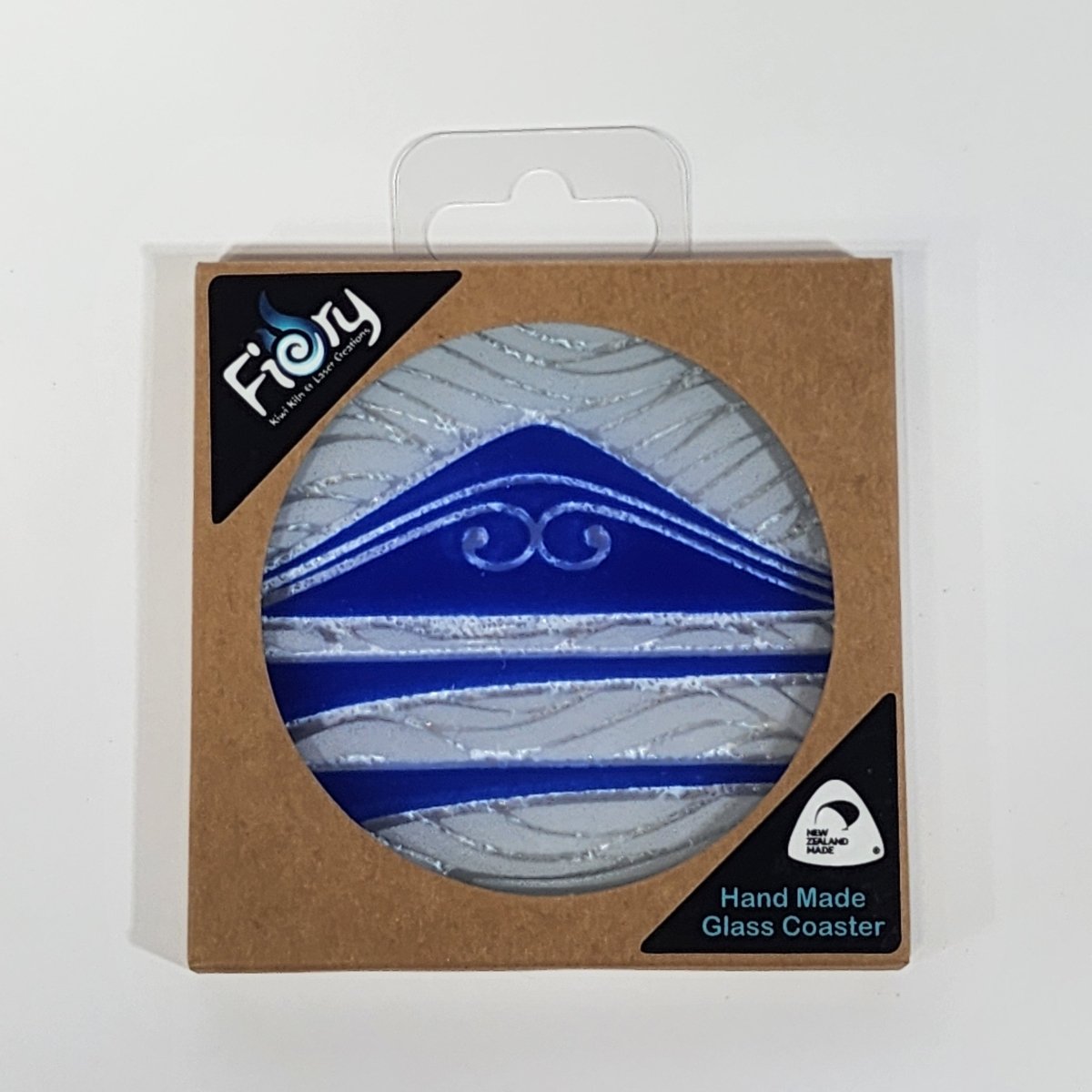 NZ Made Glass Coaster Te Maunga - Blue/Wht - Single in display box - Fiery Creations Ltd