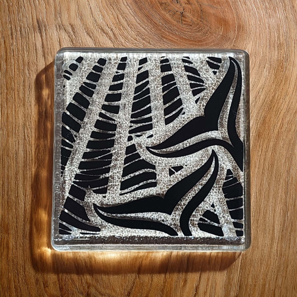 NZ Made Glass Coaster Whale Tails - Blk - Single in display box. - Fiery Creations Ltd