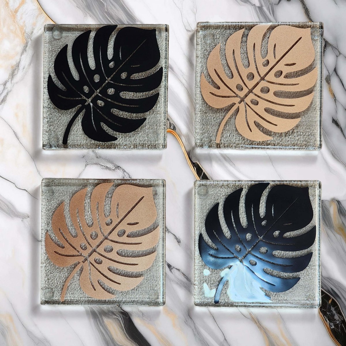 NZ Made Glass Coasters Monstera - Blk/Copper - 4Pk w/stand4 - Fiery Creations Ltd