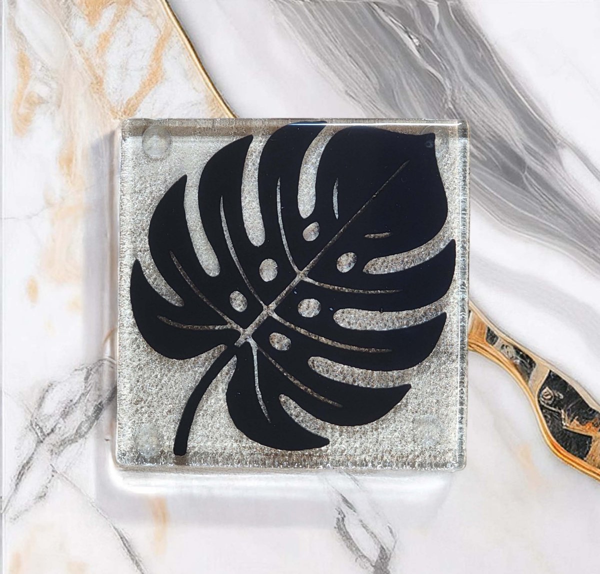 NZ Made Glass Coasters Monstera - Blk/Copper - 4Pk w/stand4 - Fiery Creations Ltd