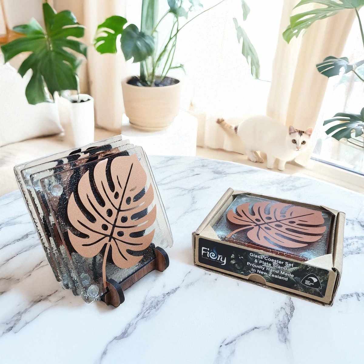 NZ Made Glass Coasters Monstera - Blk/Copper - 4Pk w/stand4 - Fiery Creations Ltd