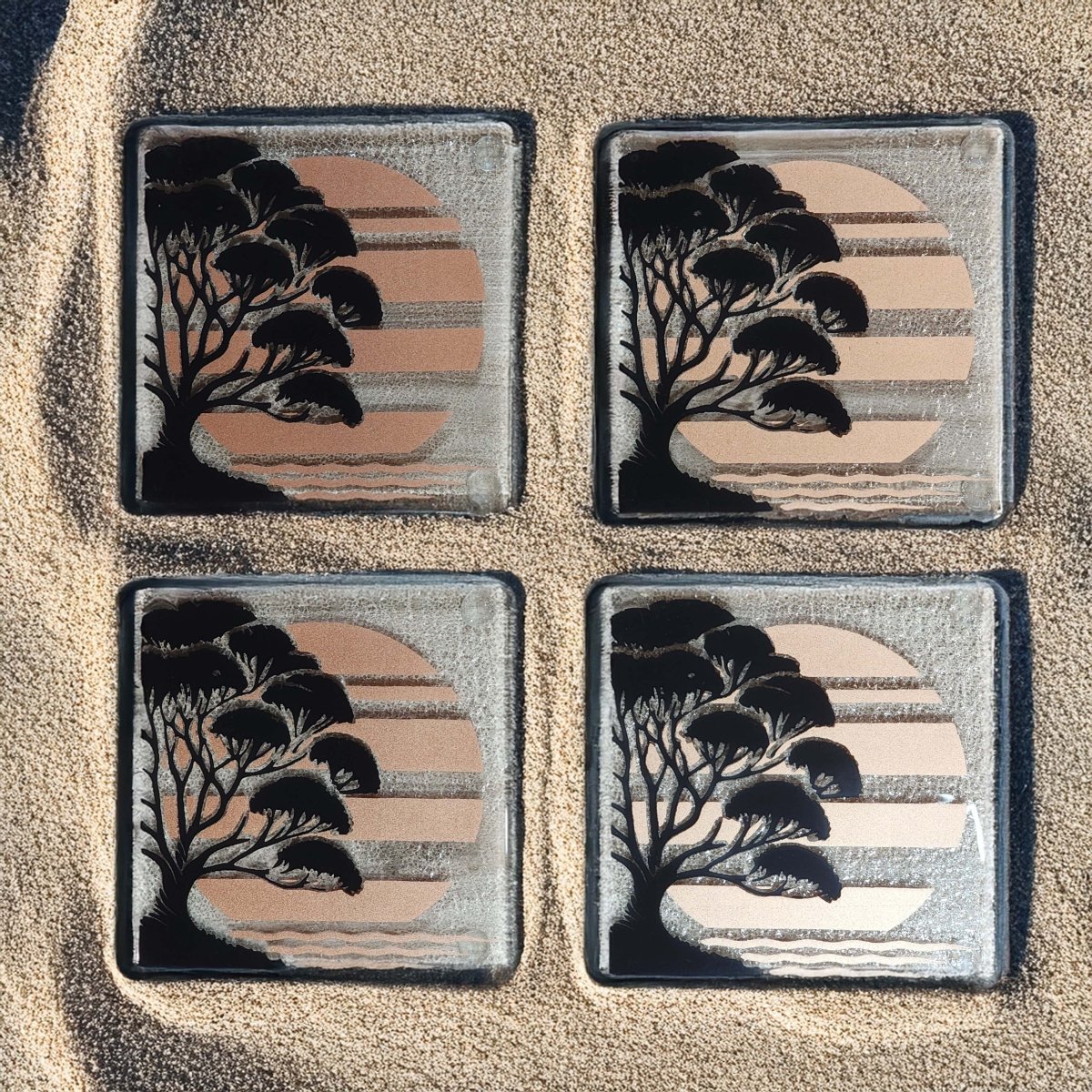 NZ Made Glass Coasters Pohutukawa - Blk/Copper - 4Pk w/stand4 - Fiery Creations Ltd