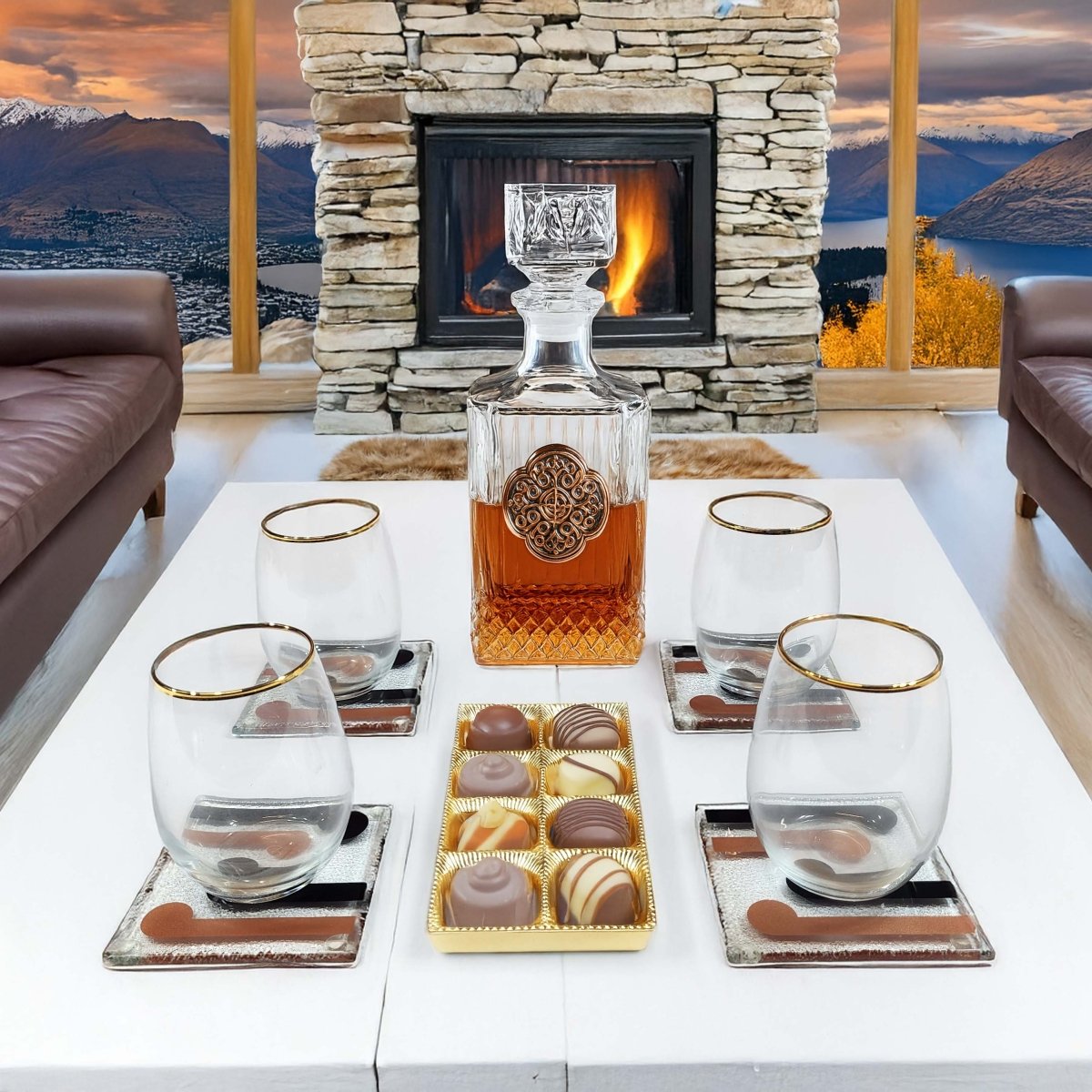 NZ Made Glass Coasters Two Winds - Blk/Copper - 4Pk w/stand4 - Fiery Creations Ltd