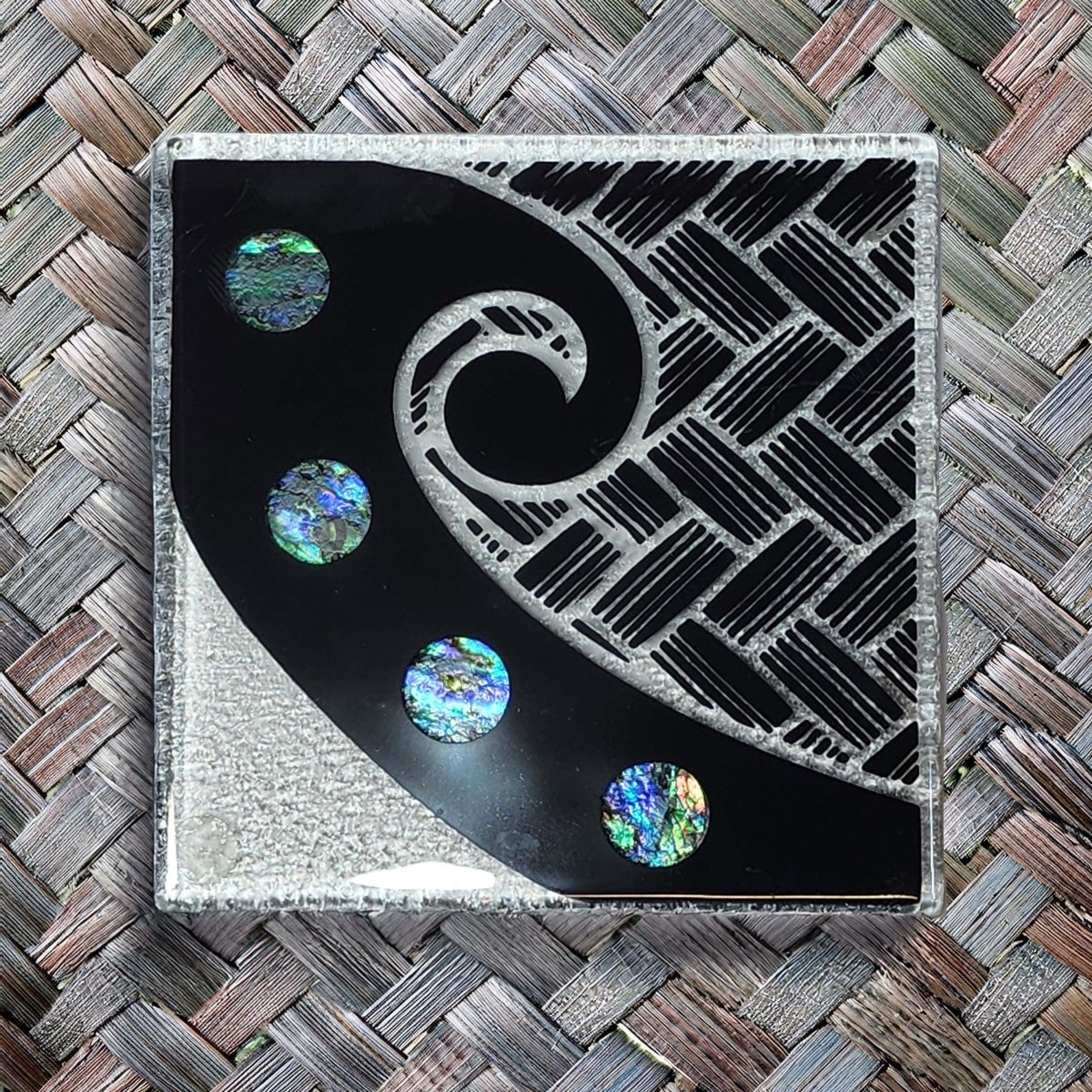 NZ Made Glass Paua Coasters Koru Kete - Blk - 4Pk w/stand4 - Fiery Creations Ltd