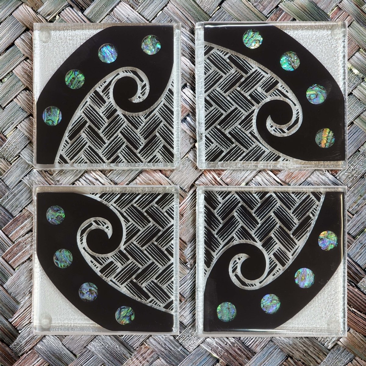 NZ Made Glass Paua Coasters Koru Kete - Blk - 4Pk w/stand4 - Fiery Creations Ltd